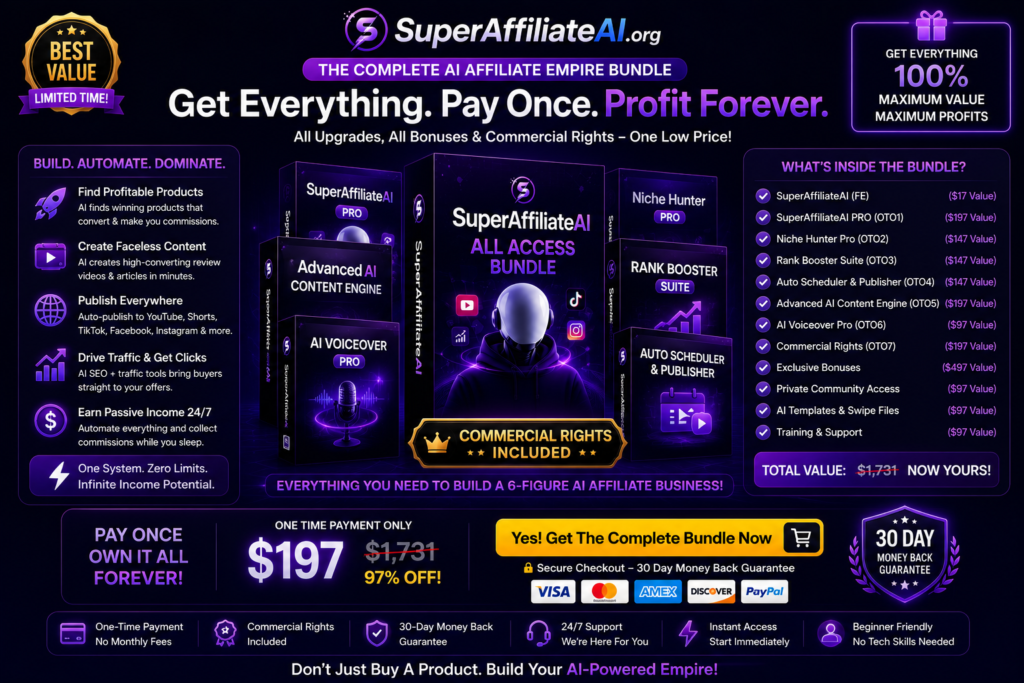 SuperAffiliateAI bundle page image showing complete funnel access, all upgrades, exclusive bonuses, commercial rights, AI automation tools, traffic modules, secure checkout, and limited-time launch pricing for maximum affiliate profits.