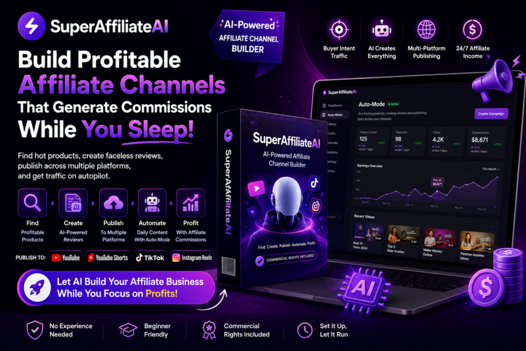 SuperAffiliateAI hero image showing AI-powered affiliate channel builder dashboard, product box mockup, faceless review automation, multi-platform publishing, commercial rights, and automated affiliate commissions while you sleep.