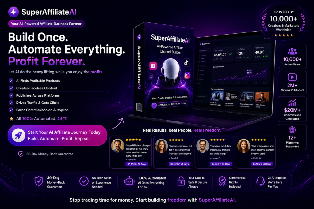 SuperAffiliateAI final homepage CTA image showing AI-powered affiliate channel dashboard, product box mockup, automated video publishing, real commission growth, commercial rights, trust badges, and passive affiliate income while you sleep.