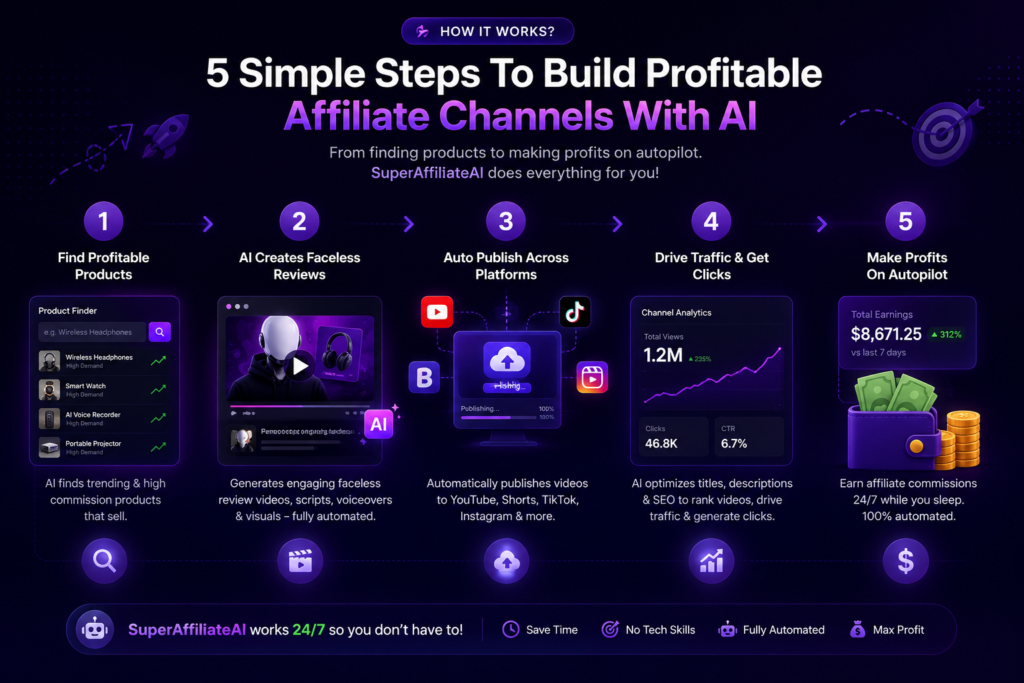 SuperAffiliateAI how it works image showing five-step AI affiliate workflow including product discovery, faceless review creation, multi-platform publishing, traffic generation, and automated affiliate commissions.