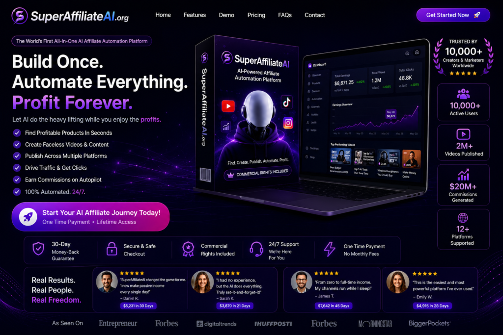 SuperAffiliateAI official access page image showing AI affiliate automation dashboard, secure checkout, verified product access, commercial rights included, launch pricing, bonus access, and faceless affiliate channel builder platform.